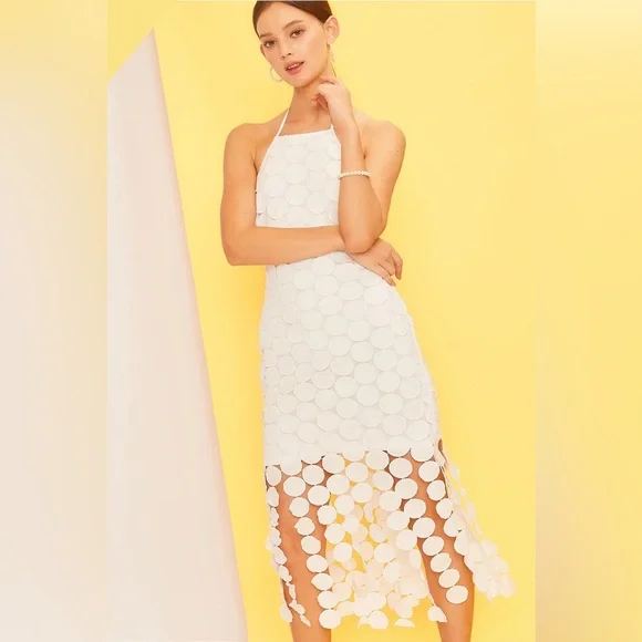 NWT Mainstrip Halter Circle Fringe Crochet White Midi Dress. Size Large - Picture 8 of 12